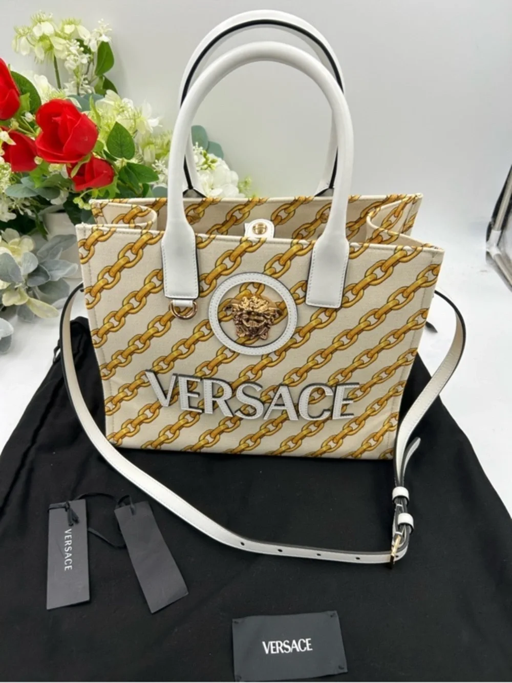 Women’s Versace chain stripe la Medusa tote bag with shoulder strap made Italy